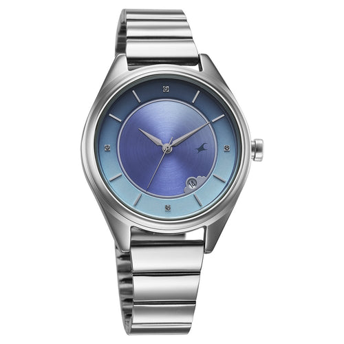 Fastrack Style Up Quartz Analog with Date Blue Dial Silver Colour Stainless Steel Strap Watch For Girls 6215SM02
