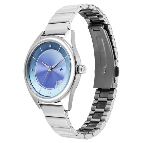 Fastrack Style Up Quartz Analog with Date Blue Dial Silver Colour Stainless Steel Strap Watch For Girls 6215SM02