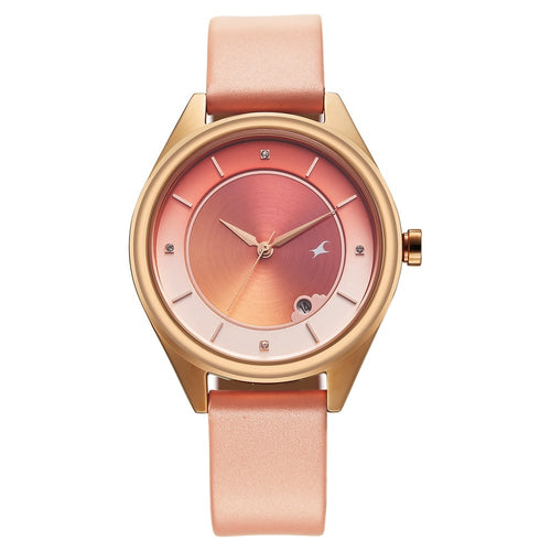 Fastrack Style Up Quartz Analog with Date Pink Dial Pink Colour Leather Strap Watch For Girls 6215WL01