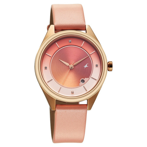Fastrack Style Up Quartz Analog with Date Pink Dial Pink Colour Leather Strap Watch For Girls 6215WL01