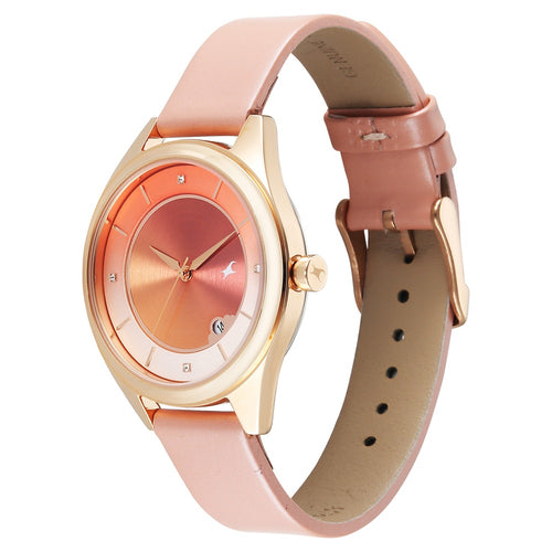 Fastrack Style Up Quartz Analog with Date Pink Dial Pink Colour Leather Strap Watch For Girls 6215WL01