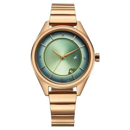 Fastrack Style Up Quartz Analog with Date Green Dial Rose Gold Colour Stainless Steel Strap Watch For Girls 6215WM02
