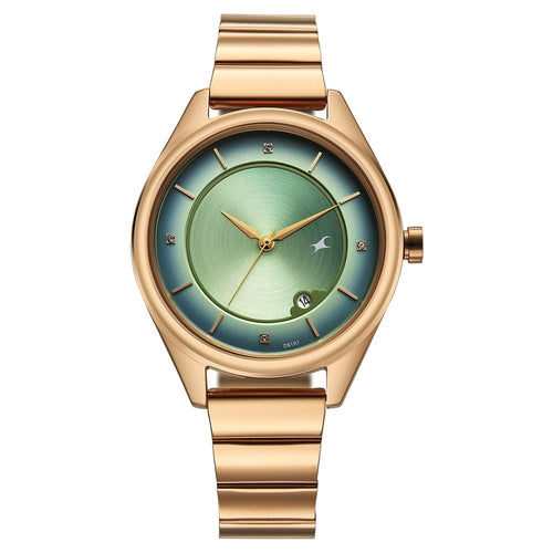 Fastrack Style Up Quartz Analog with Date Green Dial Rose Gold Colour Stainless Steel Strap Watch For Girls 6215WM02