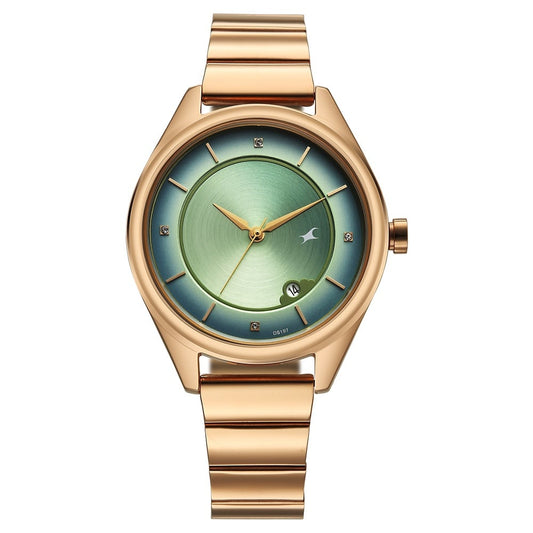 Fastrack Style Up Quartz Analog with Date Green Dial Rose Gold Colour Stainless Steel Strap Watch For Girls 6215WM02