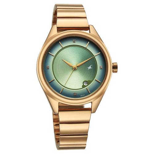 Fastrack Style Up Quartz Analog with Date Green Dial Rose Gold Colour Stainless Steel Strap Watch For Girls 6215WM02