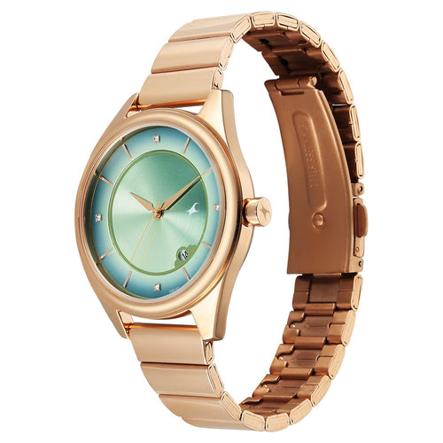 Fastrack Style Up Quartz Analog with Date Green Dial Rose Gold Colour Stainless Steel Strap Watch For Girls 6215WM02