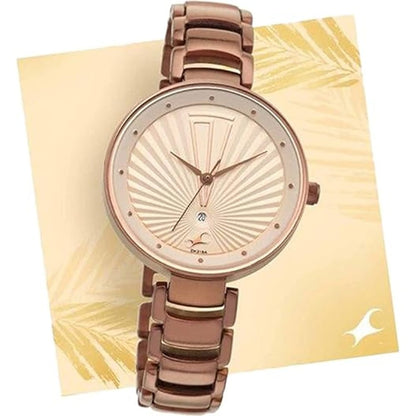 Fastrack Ruffles Quartz Analog with Date Beige Dial Stainless Steel Strap Watch for Girls NT6216QM01