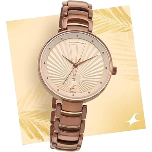Fastrack Ruffles Quartz Analog with Date Beige Dial Stainless Steel Strap Watch for Girls NT6216QM01