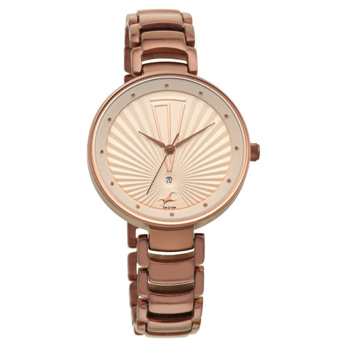 Fastrack Ruffles Quartz Analog with Date Beige Dial Stainless Steel Strap Watch for Girls NU6216QM01