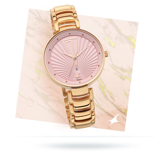 Fastrack Ruffles Quartz Analog with Date Pink Dial Stainless Steel Strap Watch for Girls NU6216WM01