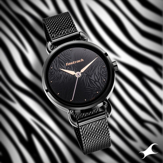Fastrack Animal Print Quartz Analog Black Dial Stainless Steel Strap Watch for Girls NR6221NM02