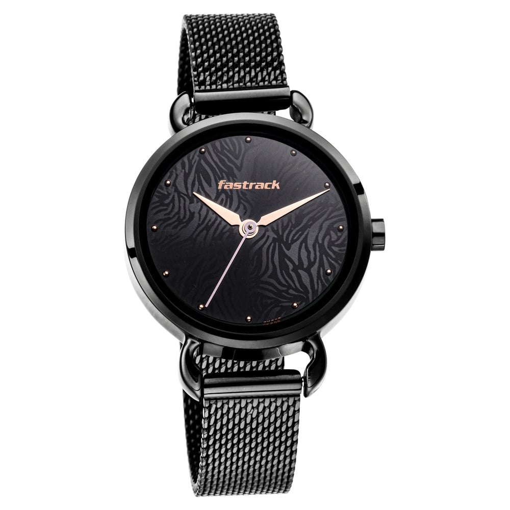 Fastrack Animal Print Quartz Analog Black Dial Stainless Steel Strap Watch for Girls NR6221NM02