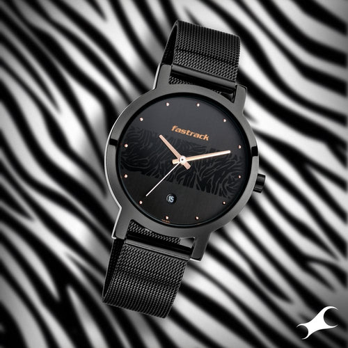 Fastrack Animal Print Quartz Analog with Date Black Dial Stainless Steel Strap Watch for Girls NU6222NM01