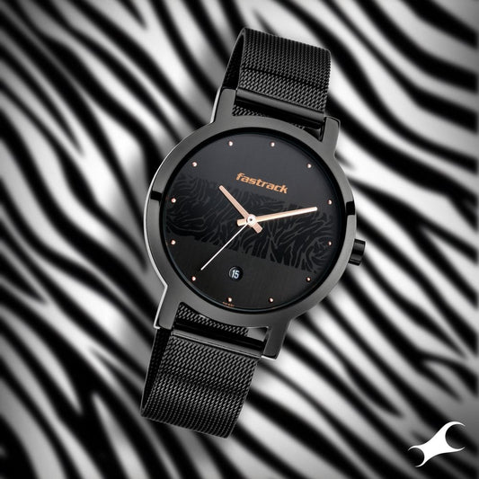 Fastrack Animal Print Quartz Analog with Date Black Dial Stainless Steel Strap Watch for Girls NU6222NM01