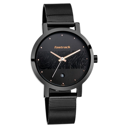 Fastrack Animal Print Quartz Analog with Date Black Dial Stainless Steel Strap Watch for Girls NU6222NM01
