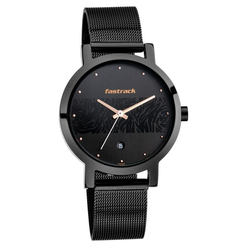 Fastrack Animal Print Quartz Analog with Date Black Dial Stainless Steel Strap Watch for Girls NU6222NM01