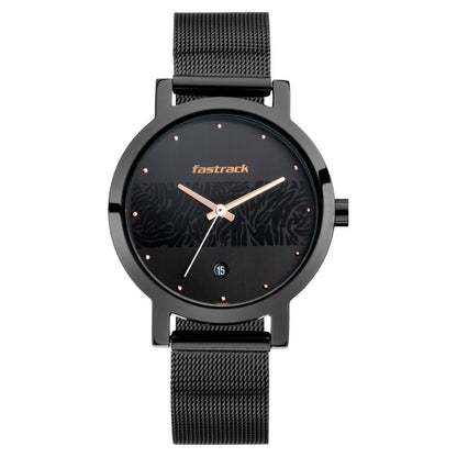 Fastrack Animal Print Quartz Analog with Date Black Dial Stainless Steel Strap Watch for Girls NT6222NM01