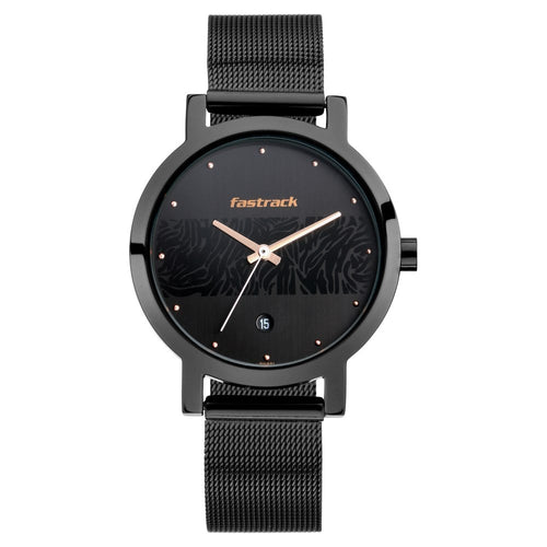 Fastrack Animal Print Quartz Analog with Date Black Dial Stainless Steel Strap Watch for Girls NU6222NM01
