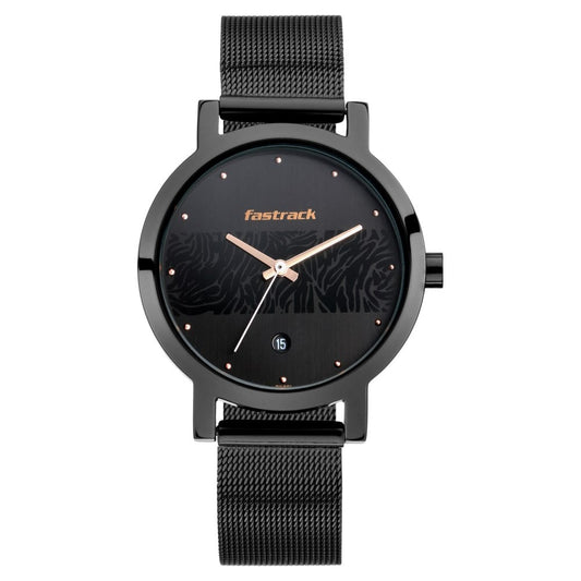 Fastrack Animal Print Quartz Analog with Date Black Dial Stainless Steel Strap Watch for Girls NU6222NM01