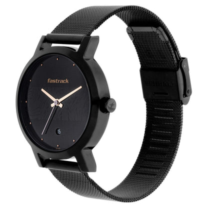 Fastrack Animal Print Quartz Analog with Date Black Dial Stainless Steel Strap Watch for Girls NU6222NM01
