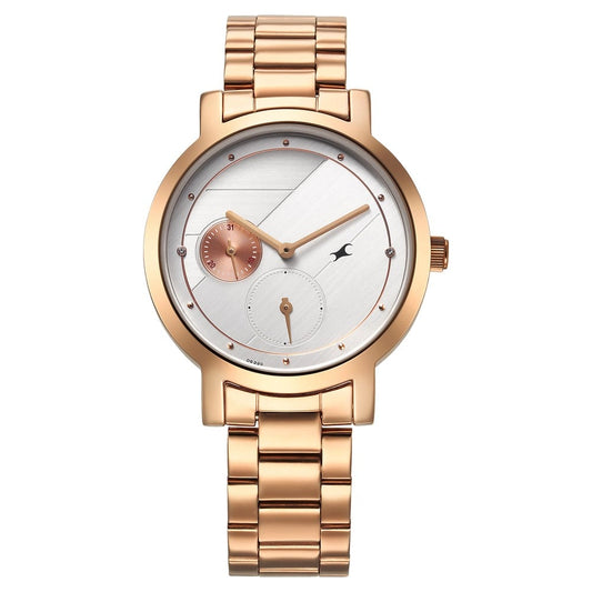 Fastrack Tick Tock Quartz Analog Silver Dial With Rose Gold Stainless steel Strap Watch for Girls 6225WM01