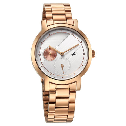 Fastrack Tick Tock Quartz Analog Silver Dial With Rose Gold Stainless steel Strap Watch for Girls 6225WM01
