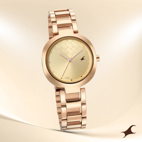 Fastrack Stunners Quartz Analog Golden Dial Stainless Steel Strap Watch for Girls NU6247WM01