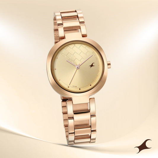 Fastrack Stunners Quartz Analog Golden Dial Stainless Steel Strap Watch for Girls NU6247WM01