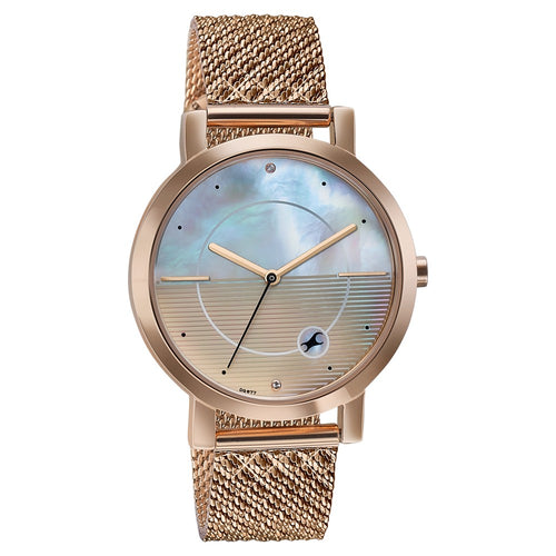 Fastrack Style Up Quartz Analog Mother Of Pearl Dial Rose Gold Stainless Steel Strap Watch For Girls 6284WM05