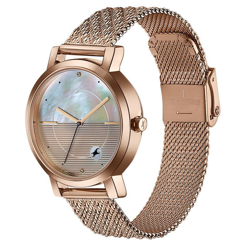 Fastrack Style Up Quartz Analog Mother Of Pearl Dial Rose Gold Stainless Steel Strap Watch For Girls 6284WM05
