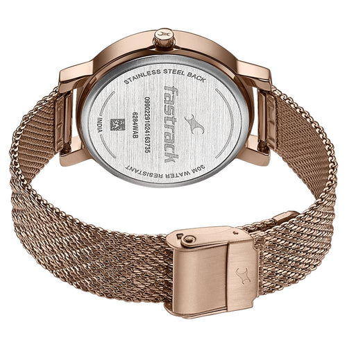 Fastrack Style Up Quartz Analog Mother Of Pearl Dial Rose Gold Stainless Steel Strap Watch For Girls 6284WM05