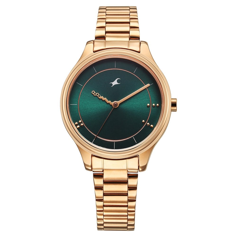 Fastrack Stunners Quartz Analog Green Dial Rose Gold Metal Strap Watch For Girls NT6296WM02