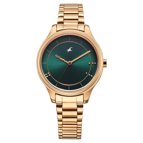 Fastrack Stunners Quartz Analog Green Dial Rose Gold Metal Strap Watch For Girls NT6296WM02