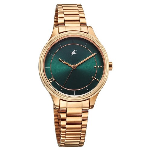 Fastrack Stunners Quartz Analog Green Dial Rose Gold Metal Strap Watch For Girls NT6296WM02