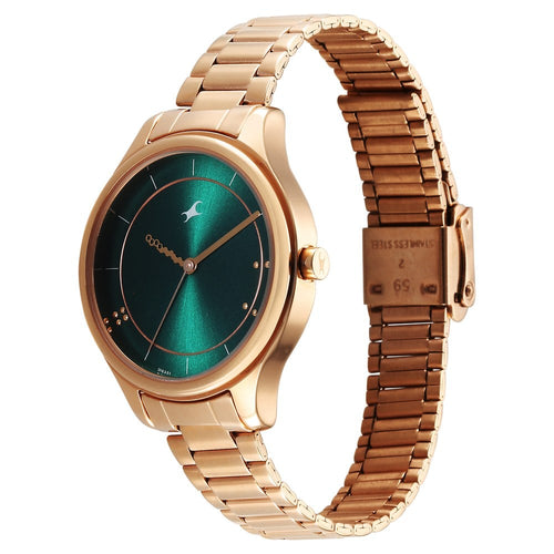 Fastrack Stunners Quartz Analog Green Dial Rose Gold Metal Strap Watch For Girls NT6296WM02