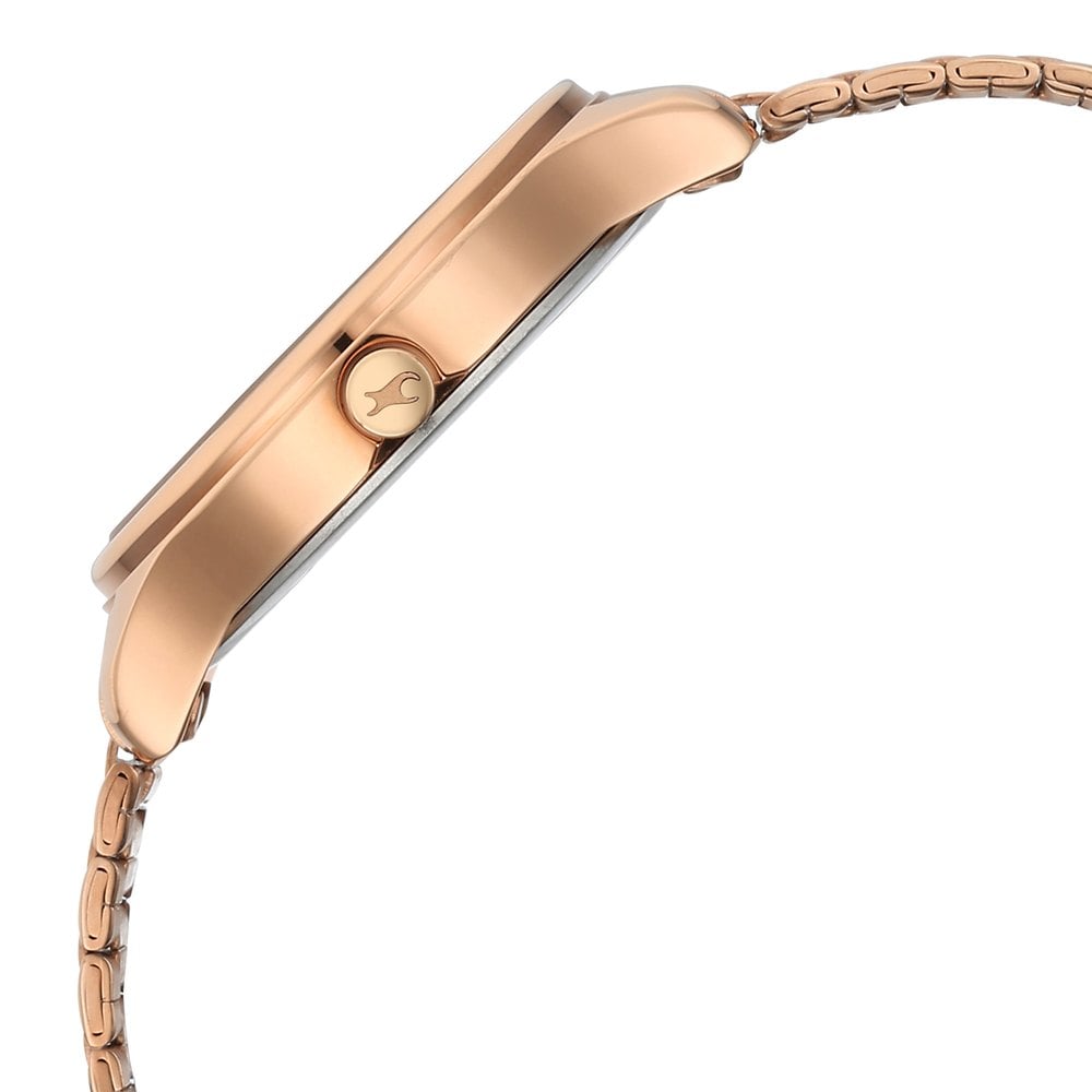Fastrack Stunners Quartz Analog Green Dial Rose Gold Metal Strap Watch For Girls NT6296WM02