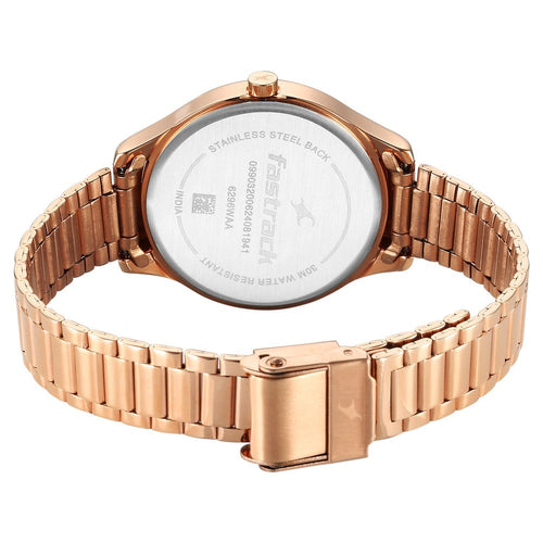 Fastrack Stunners Quartz Analog Green Dial Rose Gold Metal Strap Watch For Girls NT6296WM02