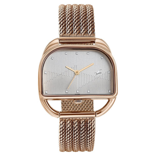 Fastrack Style Up Quartz Analog Silver Dial Rose Gold Stainless Steel Strap Watch For Girls 6307WM01