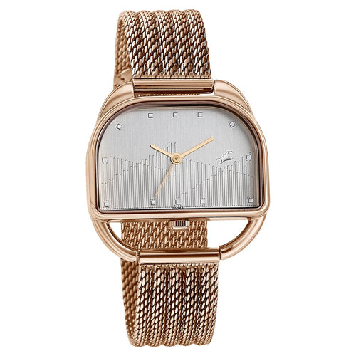 Fastrack Style Up Quartz Analog Silver Dial Rose Gold Stainless Steel Strap Watch For Girls 6307WM01