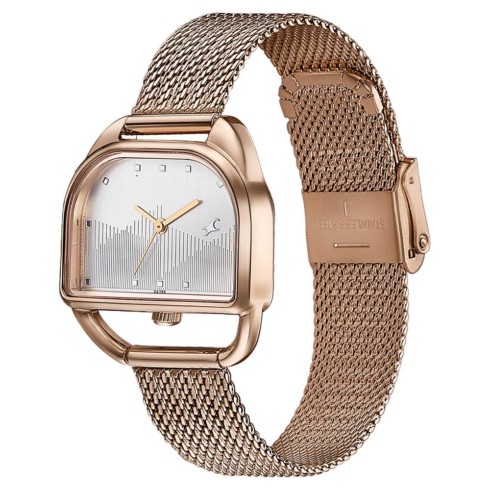 Fastrack Style Up Quartz Analog Silver Dial Rose Gold Stainless Steel Strap Watch For Girls 6307WM01