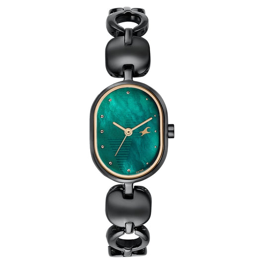Fastrack Style Up Quartz Analog Green Mother Of Pearl Dial Black Metal Strap Watch For Girls 6309NM01