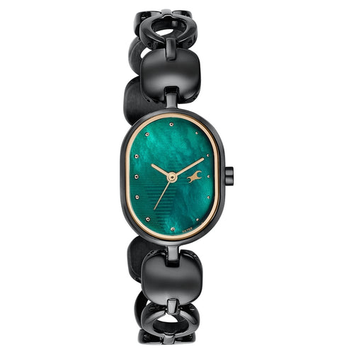 Fastrack Style Up Quartz Analog Green Mother Of Pearl Dial Black Metal Strap Watch For Girls 6309NM01