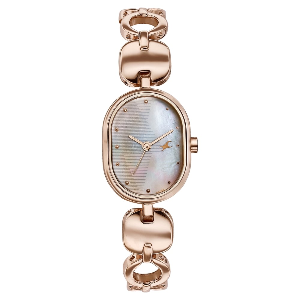 Fastrack Style Up Quartz Analog Mother Of Pearl Dial Rose Gold Metal Strap Watch For Girls 6309WM01