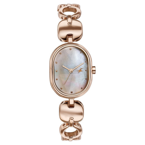 Fastrack Style Up Quartz Analog Mother Of Pearl Dial Rose Gold Metal Strap Watch For Girls 6309WM01