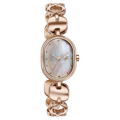 Fastrack Style Up Quartz Analog Mother Of Pearl Dial Rose Gold Metal Strap Watch For Girls 6309WM01
