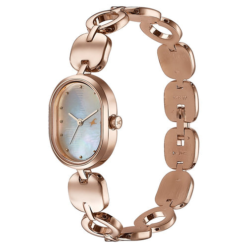 Fastrack Style Up Quartz Analog Mother Of Pearl Dial Rose Gold Metal Strap Watch For Girls 6309WM01