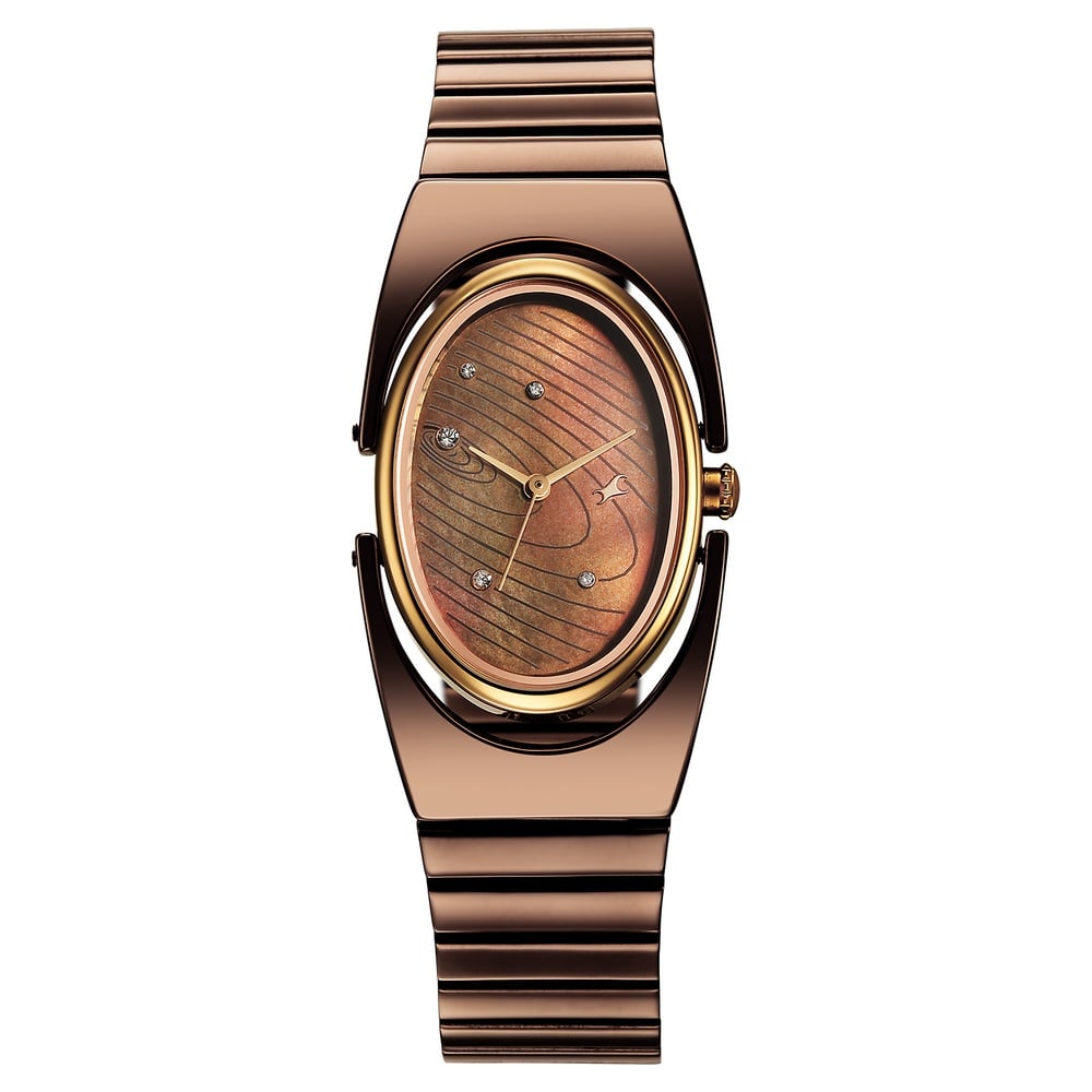 Fastrack UFO Quartz Analog Brown Mother Of Pearl Dial Brown Colour Stainless Steel Strap Watch For Girls 6318KM02