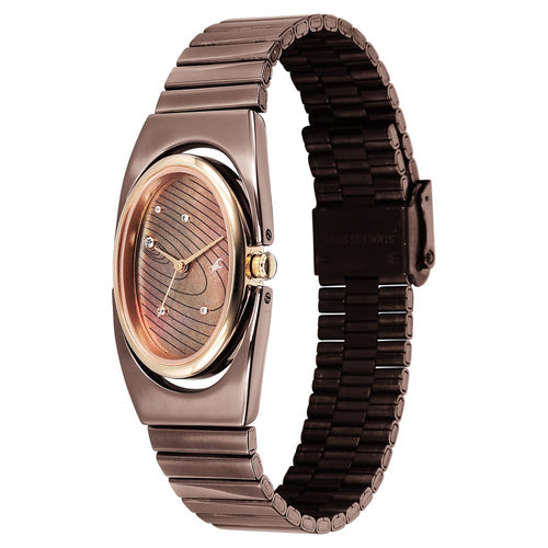 Fastrack UFO Quartz Analog Brown Mother Of Pearl Dial Brown Colour Stainless Steel Strap Watch For Girls 6318KM02