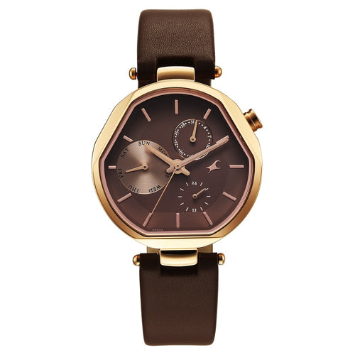 Fastrack Tick Tock Quartz Multifunction Brown Dial Leather Strap Watch For Girls 6319WL01
