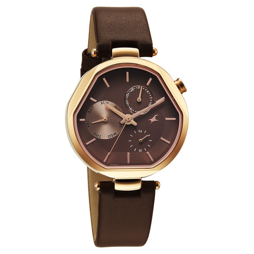 Fastrack Tick Tock Quartz Multifunction Brown Dial Leather Strap Watch For Girls 6319WL01